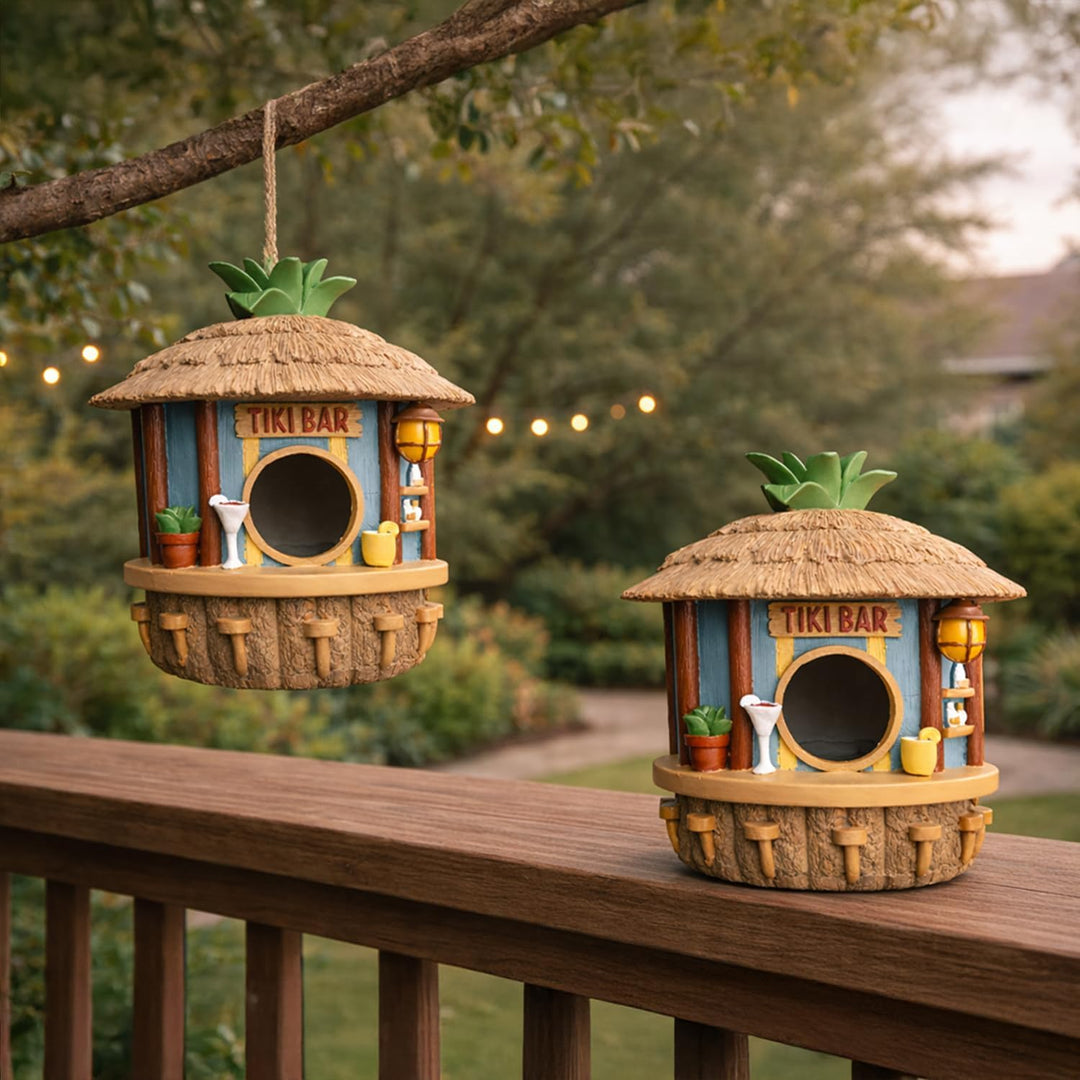 MikaMax Tiki Bar Vogelhaus - Hängendes Vogelhaus - Für Kleine Vögel - Tropische Gartendeko - Wetterf
