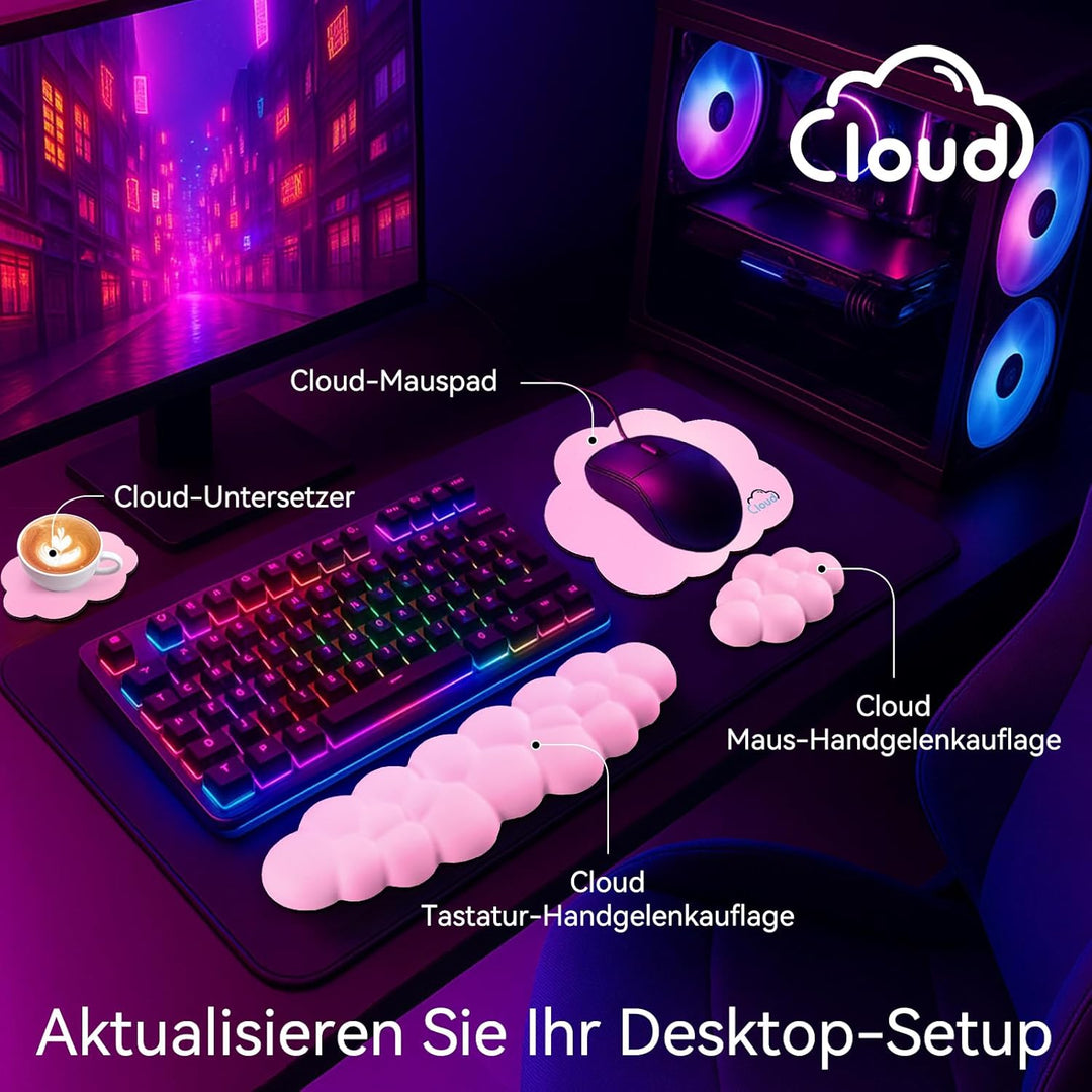 Memory‑Schaum Cloud Handballenauflage Tastatur‑Set, 4‑in‑1: Ergonomische Tastatur Handballenstütze &