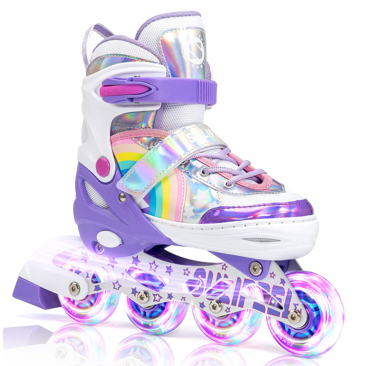 SULIFEEL Rainbow Unicorn Verstellbare Schwarz Rollschuhe für Kinder mit Leuchtenden Rädern für Junge