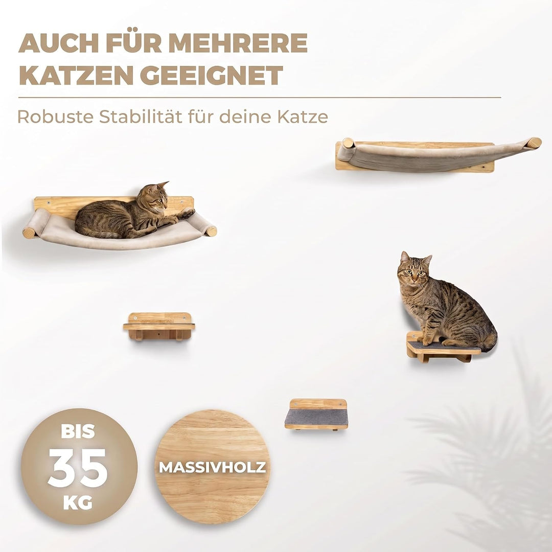 WOOWOOD® Kletterwand Katzen inkl. 2X Katzentreppe Wand [Massivholz] I Kratzbaum Wand I Hängematte Ka