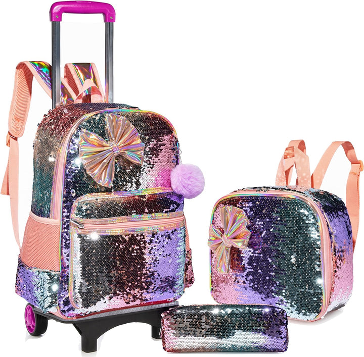 HTgroce Bogen Rucksack Trolley Mädchen Schultaschen Trolley, Grundschule Trolley Rucksack mit Lunch