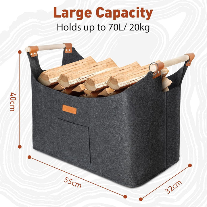 Faltbarer Holzkorb Filztasche 50 x 32 x 40 cm 70L, Korb Aus Brennholz Mit Griff, Extra Dicker Filzko