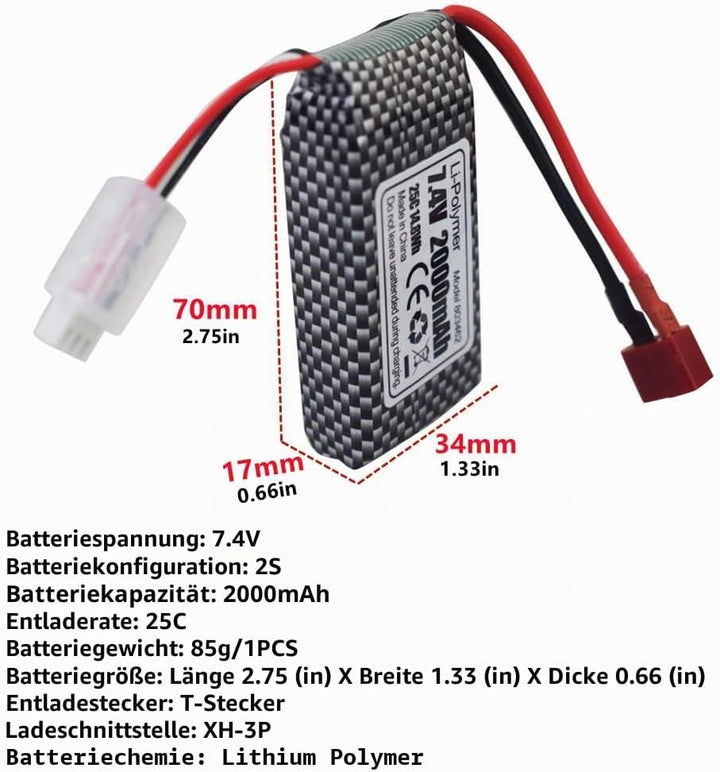 ZYGY 2PCS 7.4V 2000mAh T-Stecker Lithium Batterie für 9200 9200E 200E 9202E 9203E 9204E 9205E 9206E