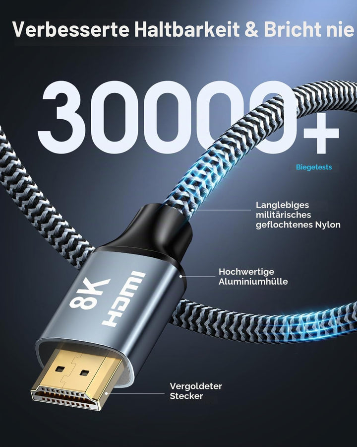 CABNEER 8K HDMI 2.1 Kabel 7,5m, HDMI Kabel Ultra Hoch Geschwindig 48Gbps 8K@60Hz 4K@120Hz 2.2/2.3 eA
