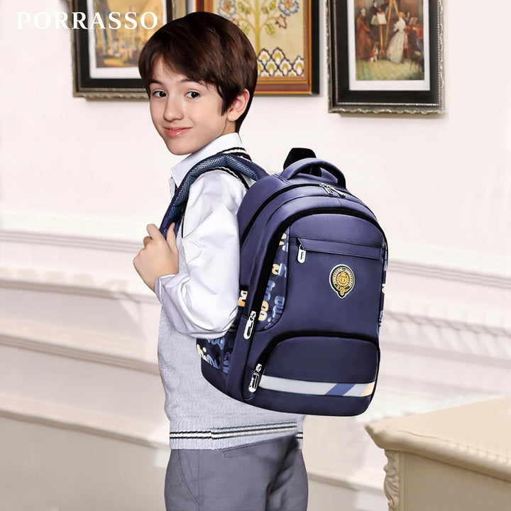 PORRASSO Schulrucksack Jungen Rucksack Schüler Daypack Ergonomischen Kinder Rucksäcke Reflektierende