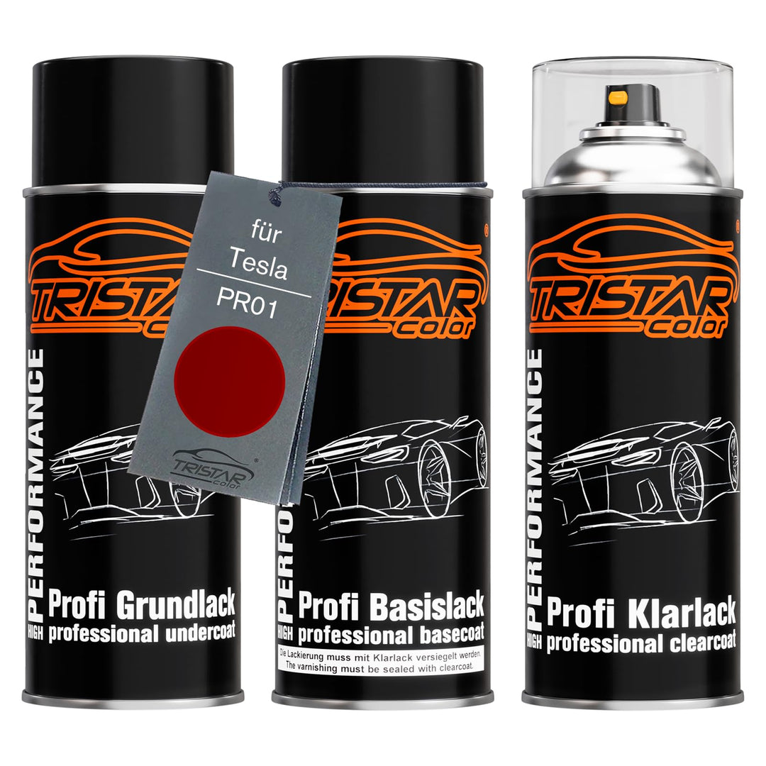 TRISTARcolor Autolack Spraydosen Set für Tesla PR01 Ultra Red Metallic Grundlack Basislack Klarlack