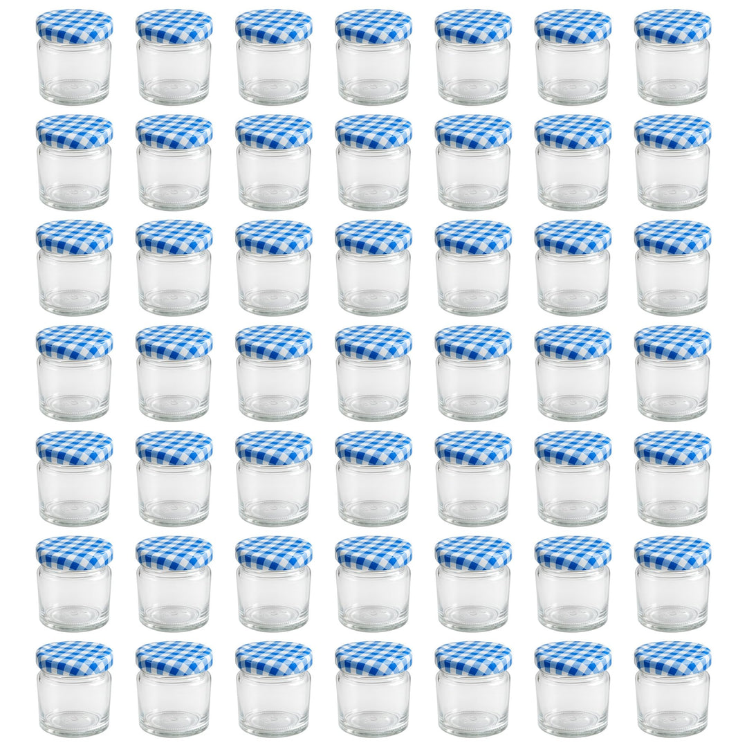 hocz 50x Mini Marmeladengläser 53 ml Set | Deckel Blau Kariert TO 43 | kleine Einmachgläser mit Schr
