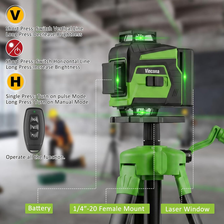 Vincona Kreuzlinienlaser Grün, Laser Wasserwaage mit Stativ 4 x 360 °, Nivellierlaser Selbstnivellie