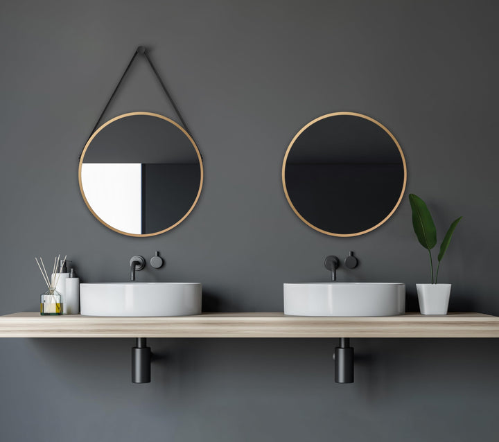 Talos Golden Style Spiegel rund Ø 50 cm – runder Wandspiegel in Gold mit Aufhänge Band in Lederoptik