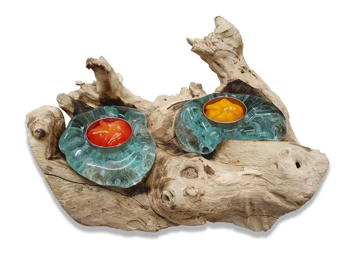 Geschmolzenes Glas auf Wurzelholz Teelichthalter | individueller Kerzenständer mit 1-3 Lichter (2er