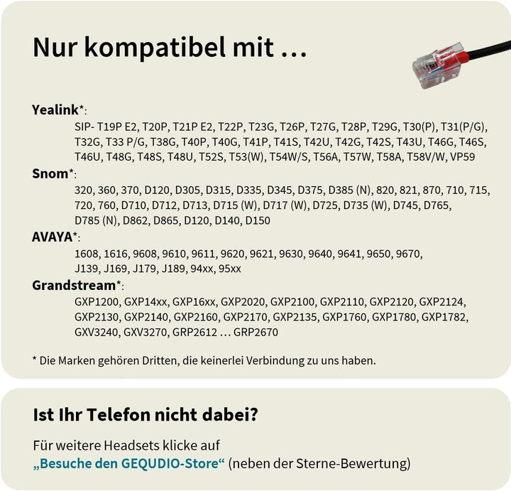 GEQUDIO Headset kompatibel mit Yealink, Snom, Avaya, Grandstream Telefon - inklusive RJ Kabel - Kopf