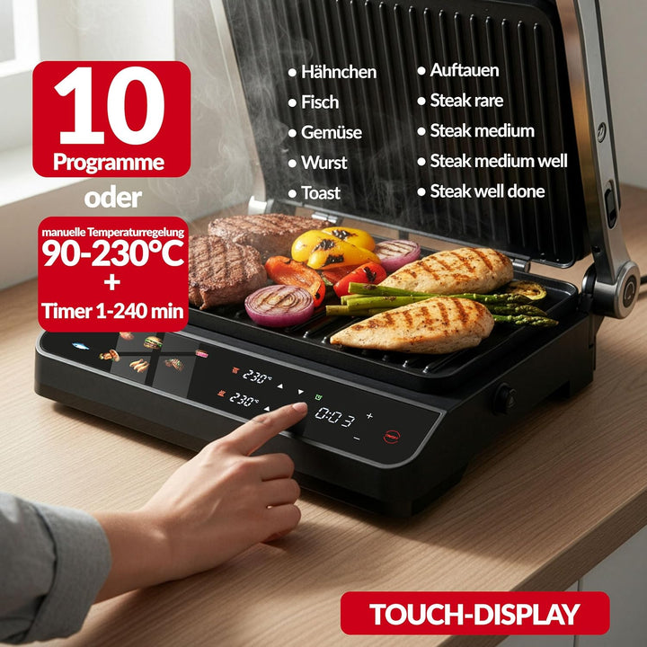 LEHMANN Kontaktgrill, 2000 W, Tischgrill 180° aufklappbar, Abnehmbare Antihaftplatten, Display: 10 P