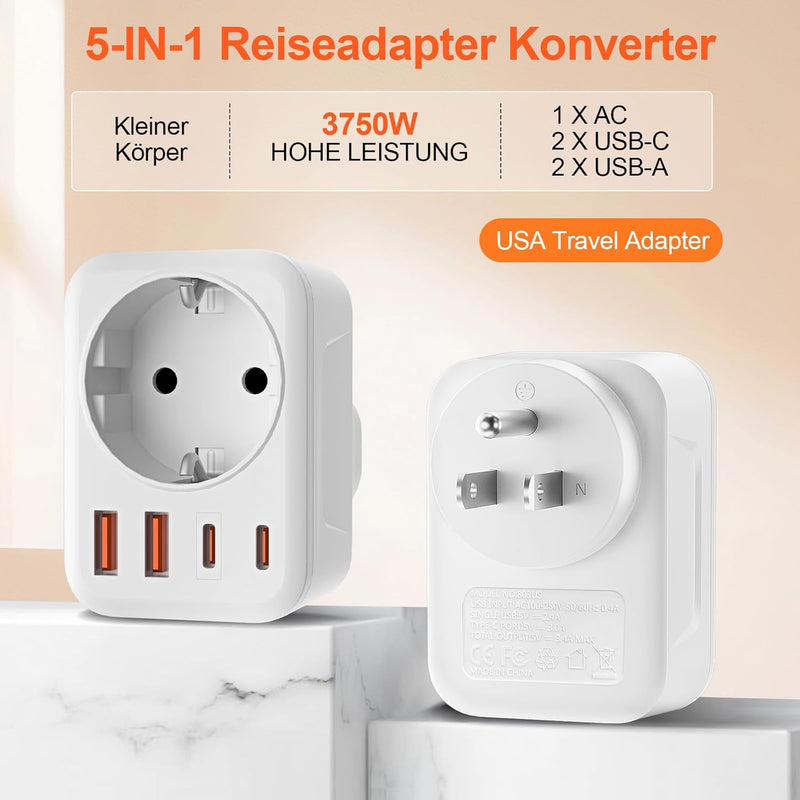 2 Pack USA Adapter Steckdose, 5-In-1 Adapter USA Deutschland Stecker mit 1 AC 2 USB-C 2 USB-A (3.4A)