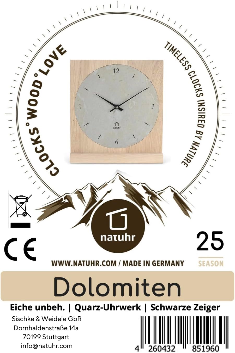 Natuhr Stein Schiefer Tischuhr - Dolomiten - Holz Eiche Massivholz (Schiefer Grau/Eiche unbehandelt,