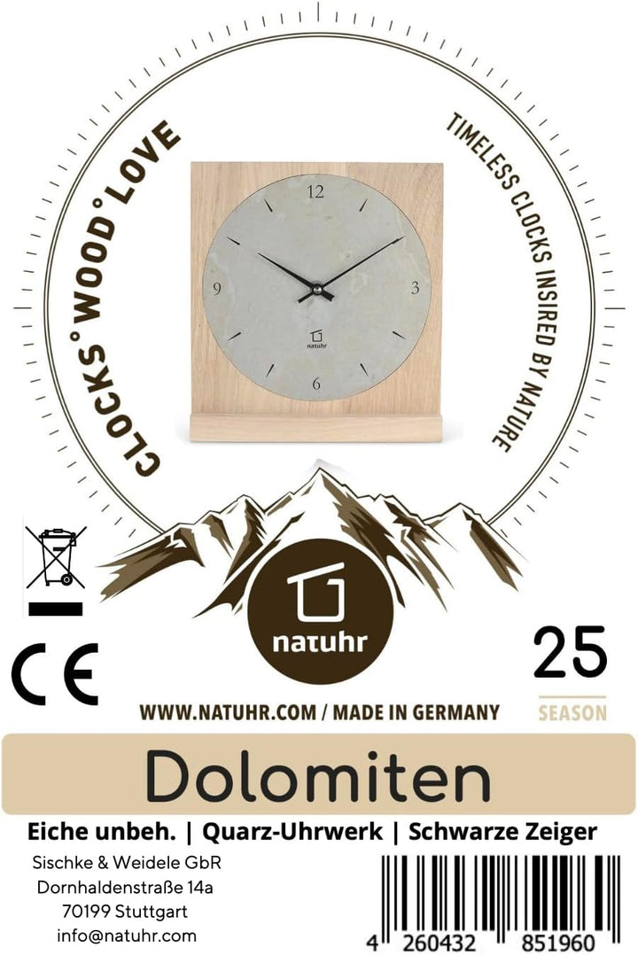 Natuhr Stein Schiefer Tischuhr - Dolomiten - Holz Eiche Massivholz (Schiefer Grau/Eiche unbehandelt,