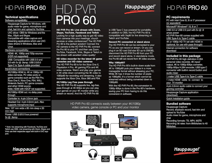 Hauppauge HD PVR Pro 60 4K in/Out 1080P 60fps Capture und Streaming PC verbunden und Stand Alone 168