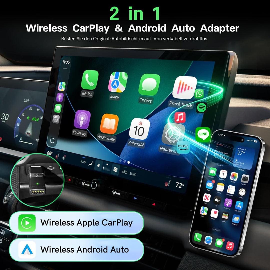 Wireless CarPlay Adapter, 2 in 1 CarPlay & Android Auto Wireless Adapter, Upgrade von Wired auf Wire