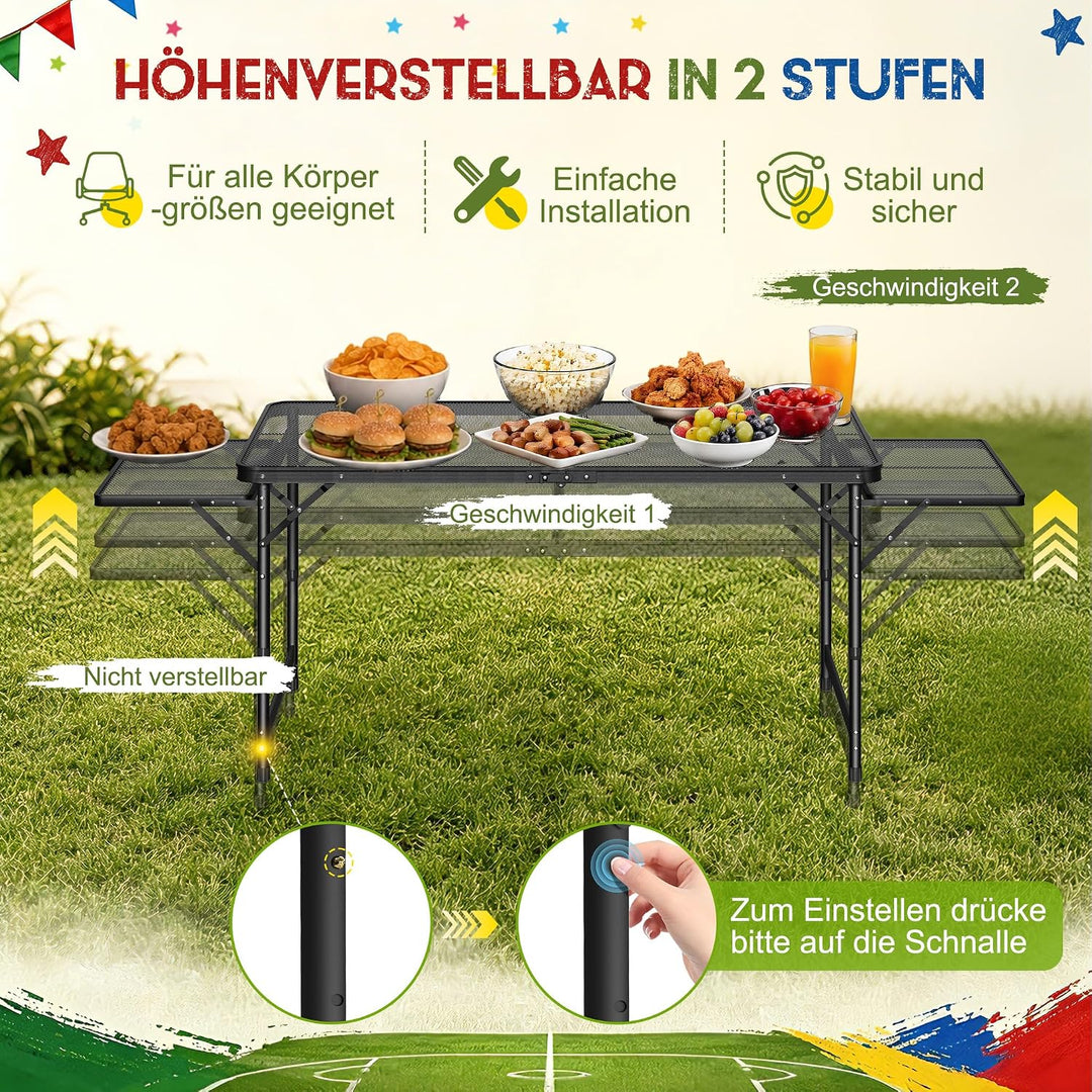 Tragbarer Campingtisch 120x60cm, Höhenverstellbar & Klappbar Gartentisch mit Metallgitterplatte, Erw