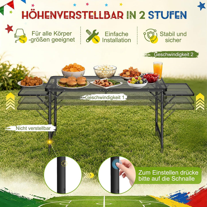 Tragbarer Campingtisch 120x60cm, Höhenverstellbar & Klappbar Gartentisch mit Metallgitterplatte, Erw