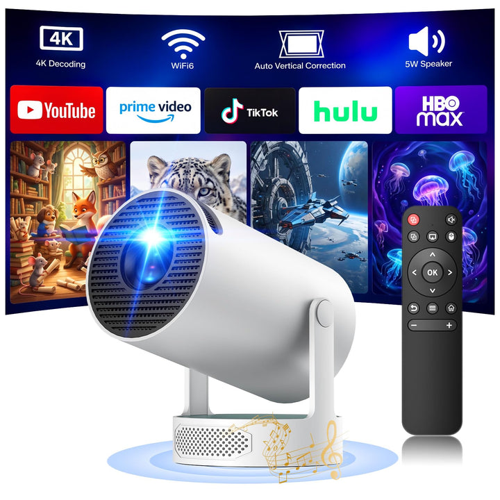 Mini Beamer mit Lautsprecher, Tragbarer Projector unterstützen 1080P 4K, Auto Keystone WiFi 6 Smart