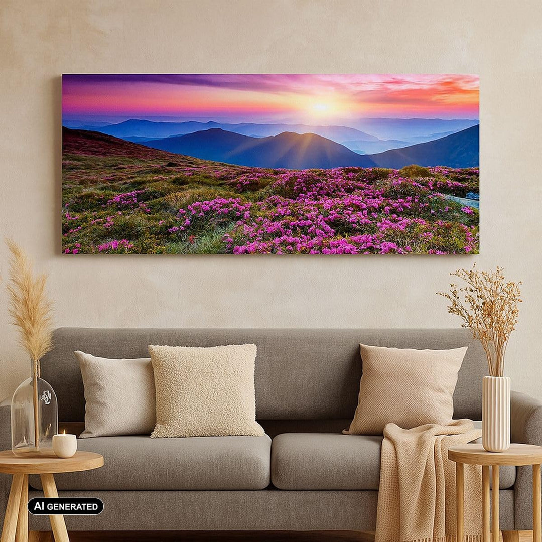 Wandbilder Dekoration Wohnzimmer Wiese Berg Himmel Landschaft Panorama Bilder auf Leinwand 120x50cm