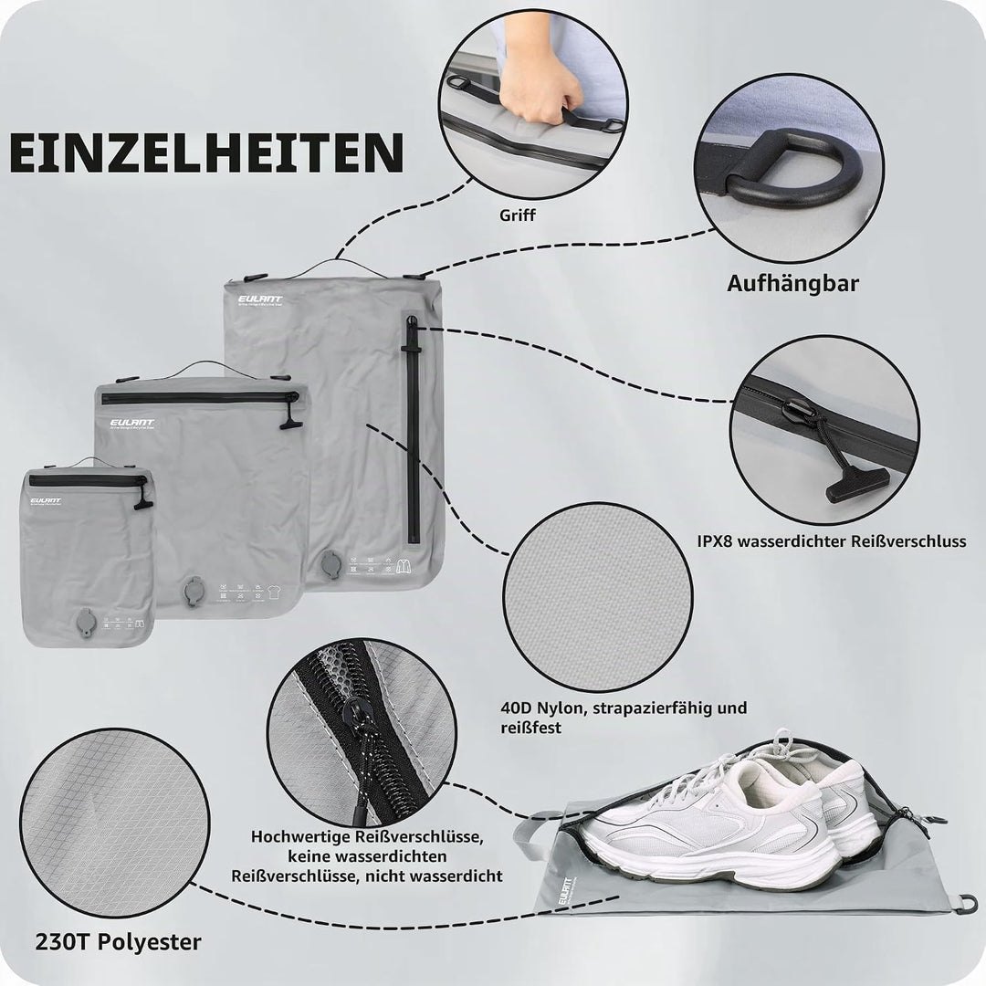 EULANT Kompressions Packwürfel Set 4 für Koffer, 3 Stück Wasserdicht Vakuumbeutel + 1 Schuh Tasche,