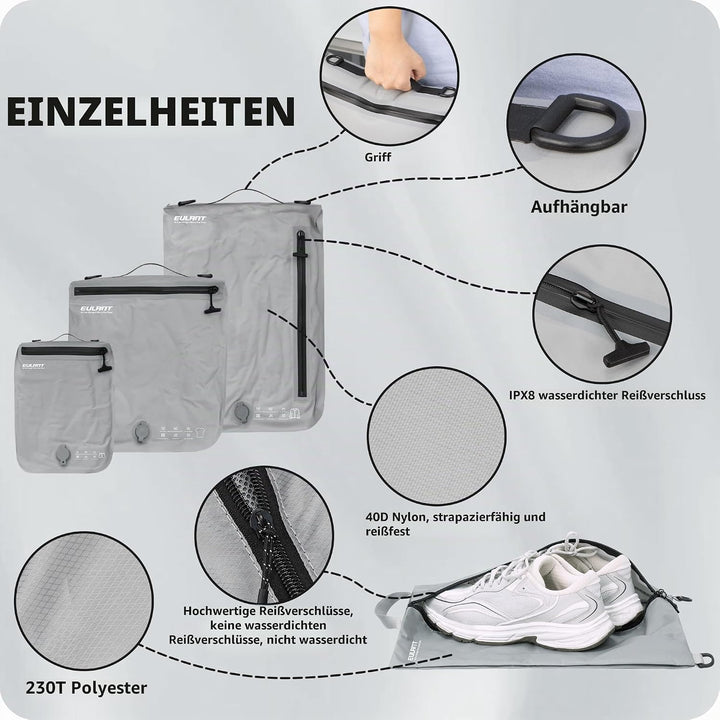 EULANT Kompressions Packwürfel Set 4 für Koffer, 3 Stück Wasserdicht Vakuumbeutel + 1 Schuh Tasche,