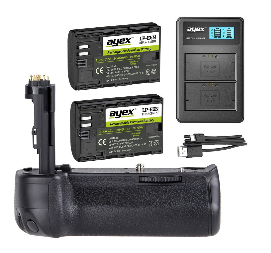 ayex Batteriegriff Kompatibel mit Canon EOS 70D 80D 90D + 2X LP-E6N Akku + USB Dual Ladegerät Akkugr