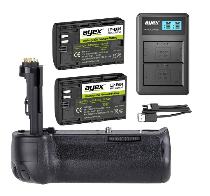 ayex Batteriegriff Kompatibel mit Canon EOS 70D 80D 90D + 2X LP-E6N Akku + USB Dual Ladegerät Akkugr