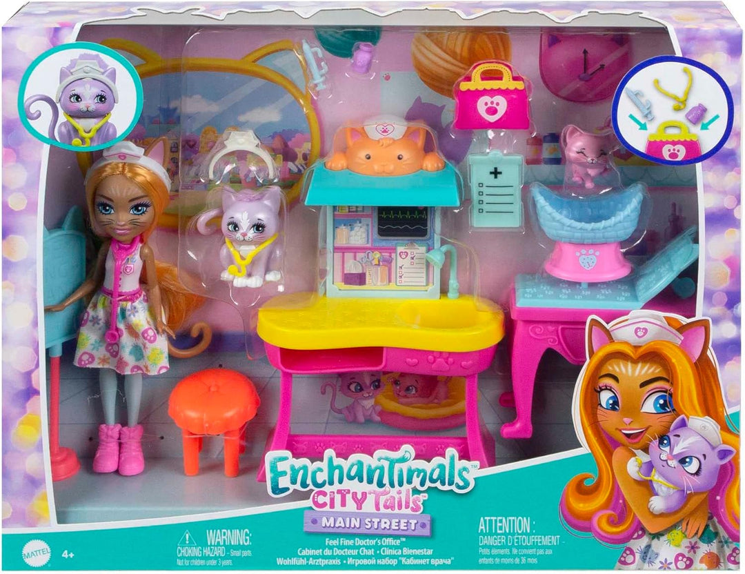 Enchantimals Dr. Carlin Cat Wohlfühl-Arztpraxis - Puppenset mit Behandlungstisch, Arzttasche und Zub