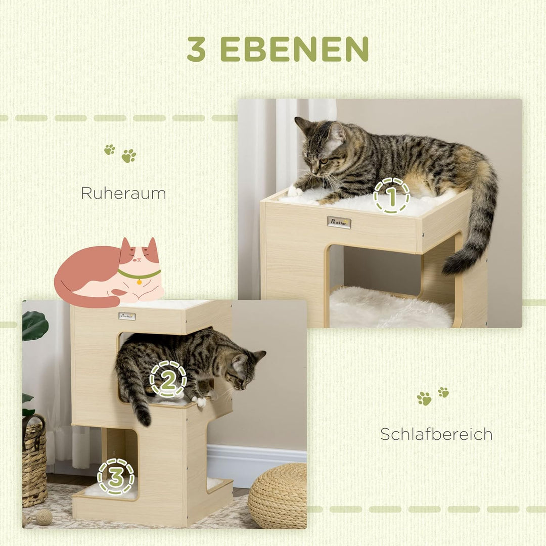PawHut Katzenhöhle Katzenbett 3-stufiges Katzenhaus mit Kissen, Katzenzelt Haustierhaus Eiche 34 x 3