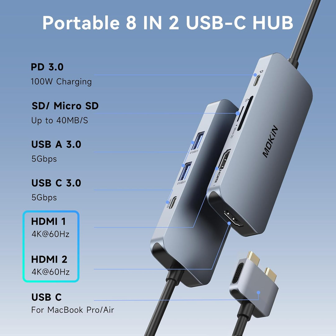 Docking Station für MacBook Pro/Air, MacBook Docking Station USB C Dual Monitor, 8 in 2 USB C Adapte