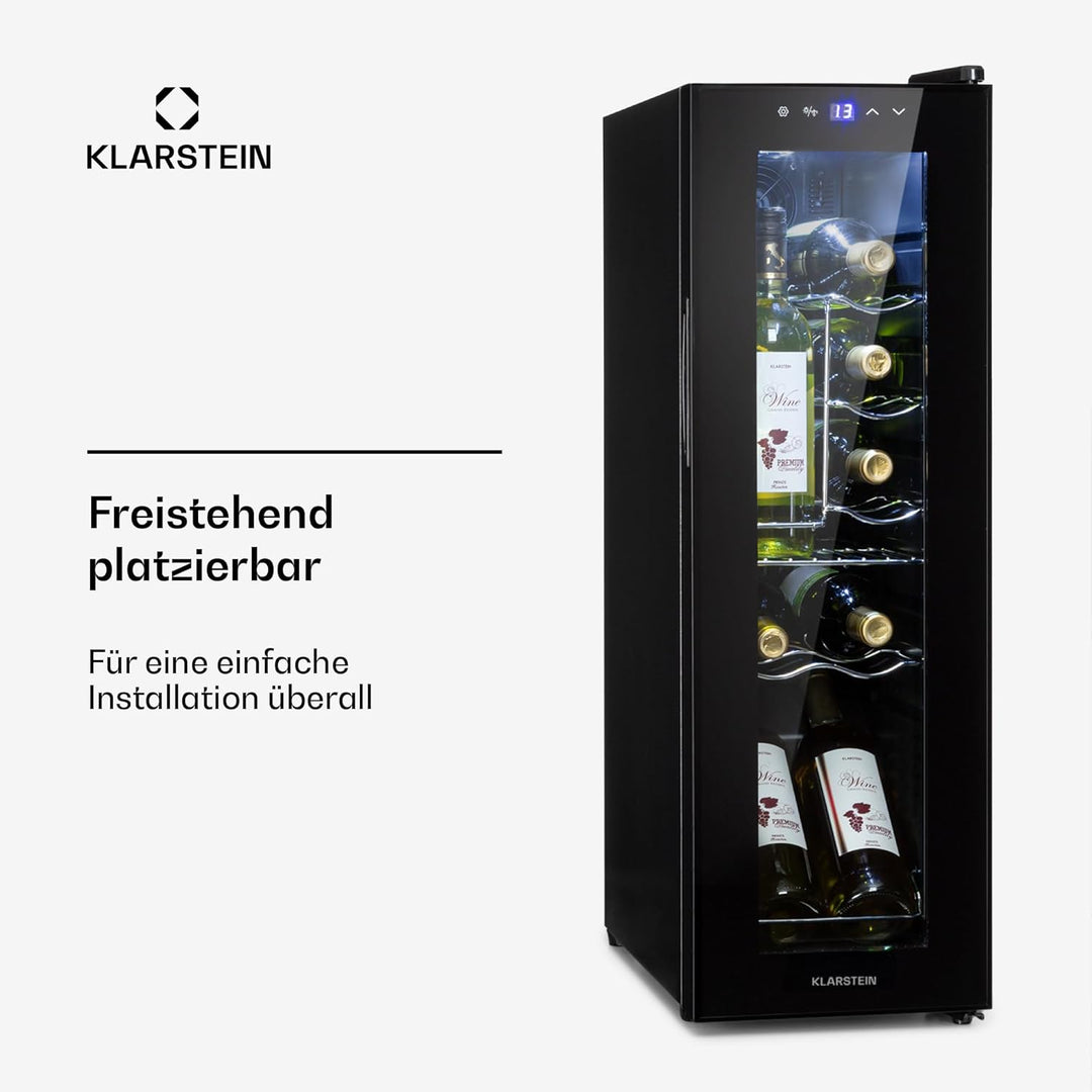 Klarstein Shiraz Weinkühlschrank Schwarz – 12 Flaschen, 32 L, 1 Zone | Getränkekühlschrank mit Glast