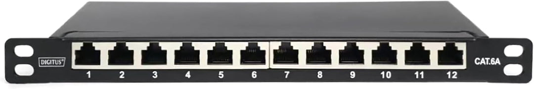 DIGITUS Cat-6A Patchpanel - 12 Ports - RJ45-Buchsen - 10-Zoll Rack-Mount 0.5HE - LSA Verteilerfeld -