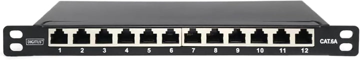 DIGITUS Cat-6A Patchpanel - 12 Ports - RJ45-Buchsen - 10-Zoll Rack-Mount 0.5HE - LSA Verteilerfeld -