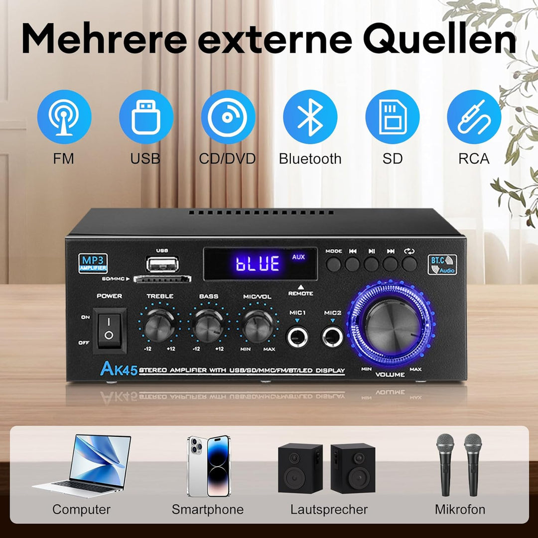 Hifi Verstärker - KKMOL Stereo Verstärker, AK45 Mini Bluetooth Radio Audio Verstärker Receiver, Wiim