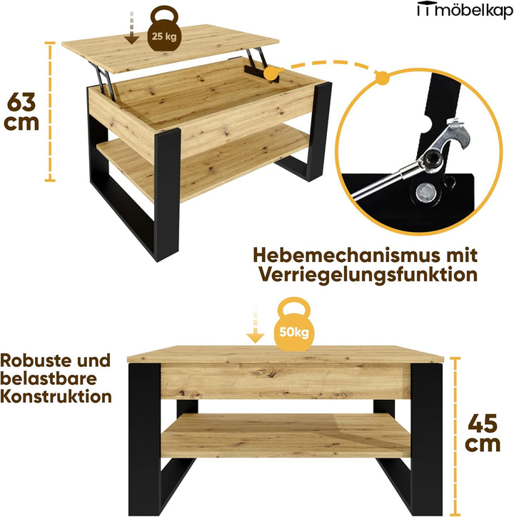 Couchtisch mit anhebbarer Platte | Höhenverstellbarer Wohnzimmertisch mit Stauraum | Sofatisch Eiche