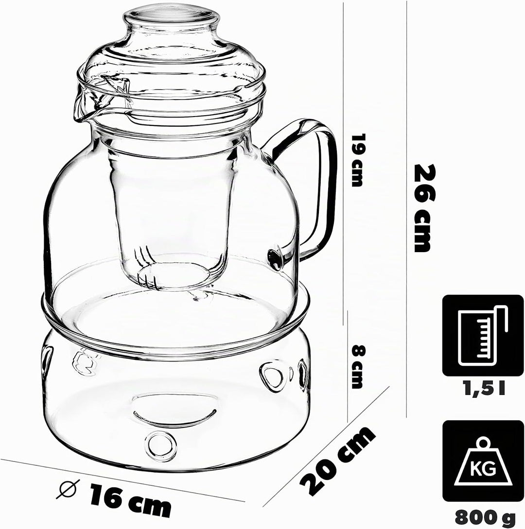 KADAX Teekanne 1.5L mit Stövchen Set, Glasteekanne mit Teewärmer, Glaskanne mit Siebeinsatz und Deck