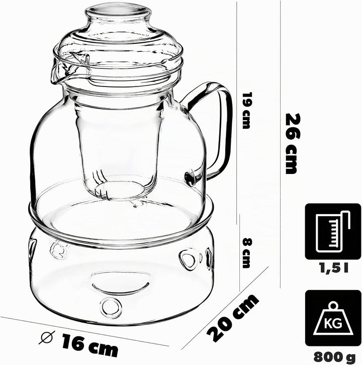 KADAX Teekanne 1.5L mit Stövchen Set, Glasteekanne mit Teewärmer, Glaskanne mit Siebeinsatz und Deck