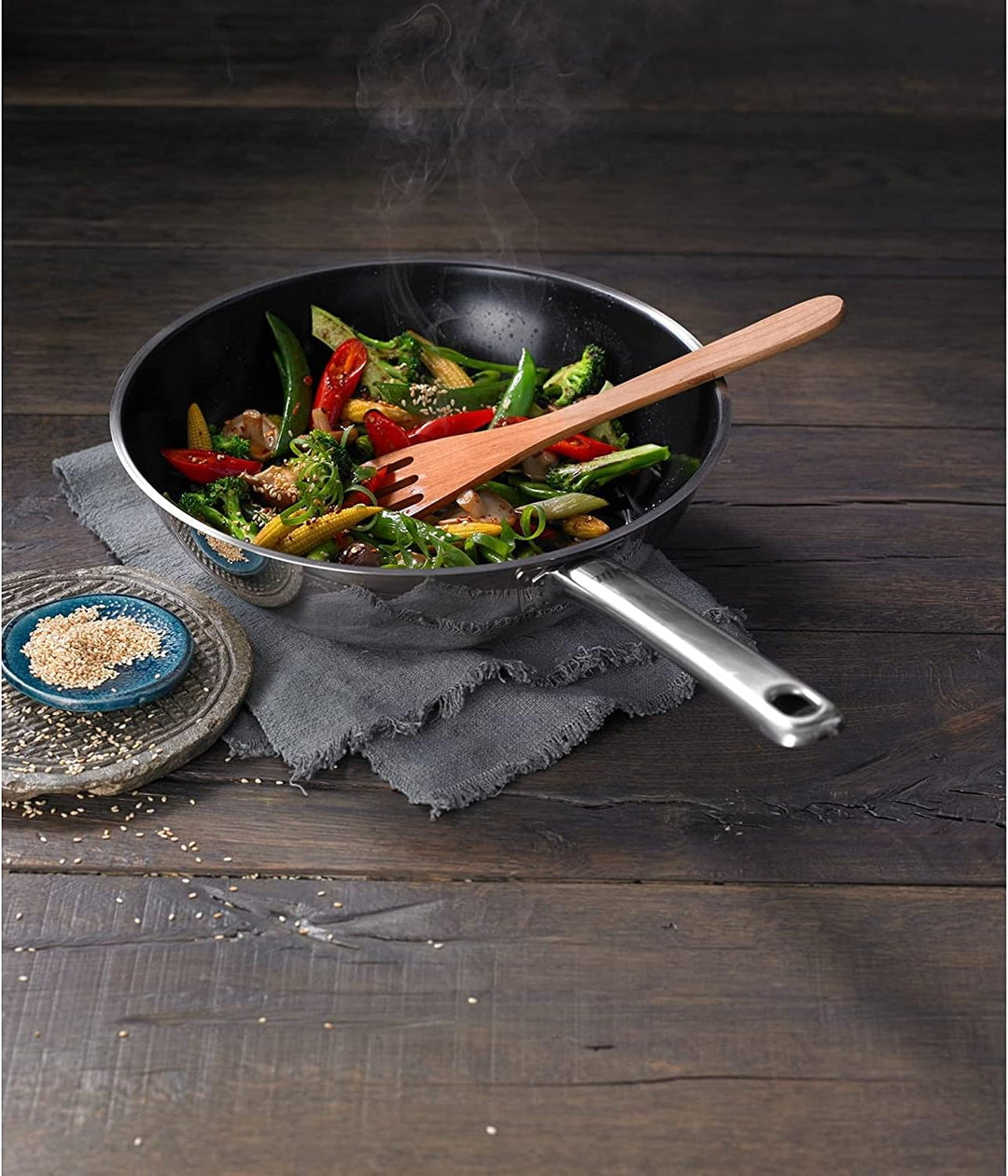 Silit Wuhan Wokpfanne Induktion 28 cm, Wok Edelstahl beschichtet, Wok Induktion, backofenfest