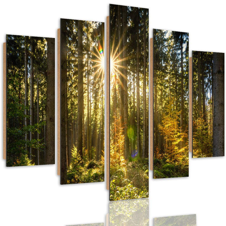 Feeby Bilder Modern Landschaft 5 Teilig Design Art Wald Sonnenstrahlen gelb 100x70 cm Deco panel 100