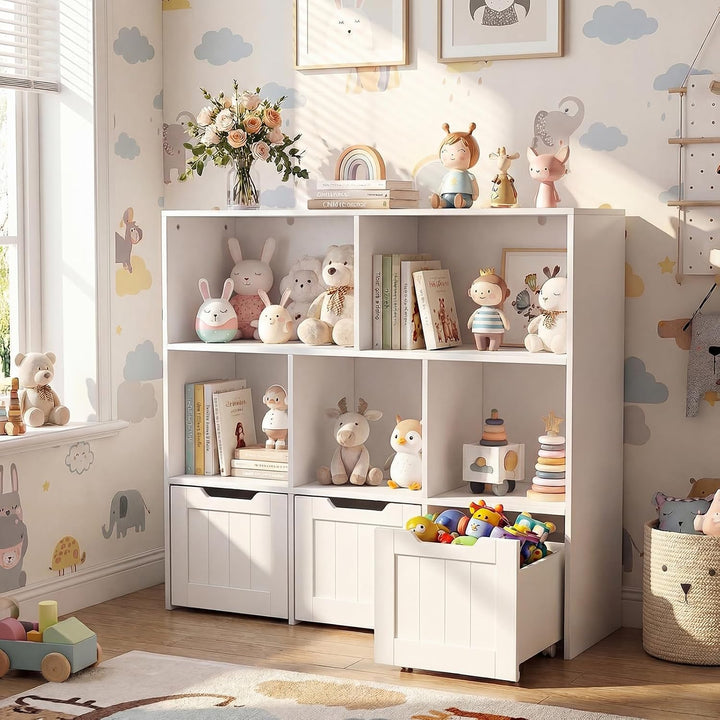 COSTWAY Kinderregal mit Boxen auf Rollen, Bücherregal Kinder mit 5 Fächern &amp; 3 Schubladen, Spielzeug