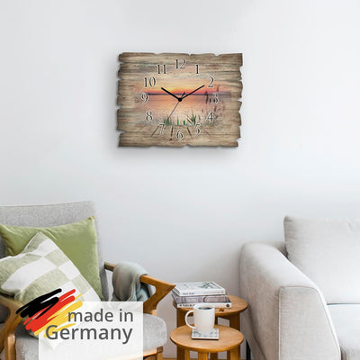 ARTLAND Wanduhr ohne Tickgeräusche aus Holz Funkuhr 40x30 cm Rechteckig Lautlos See Steg Landschaft