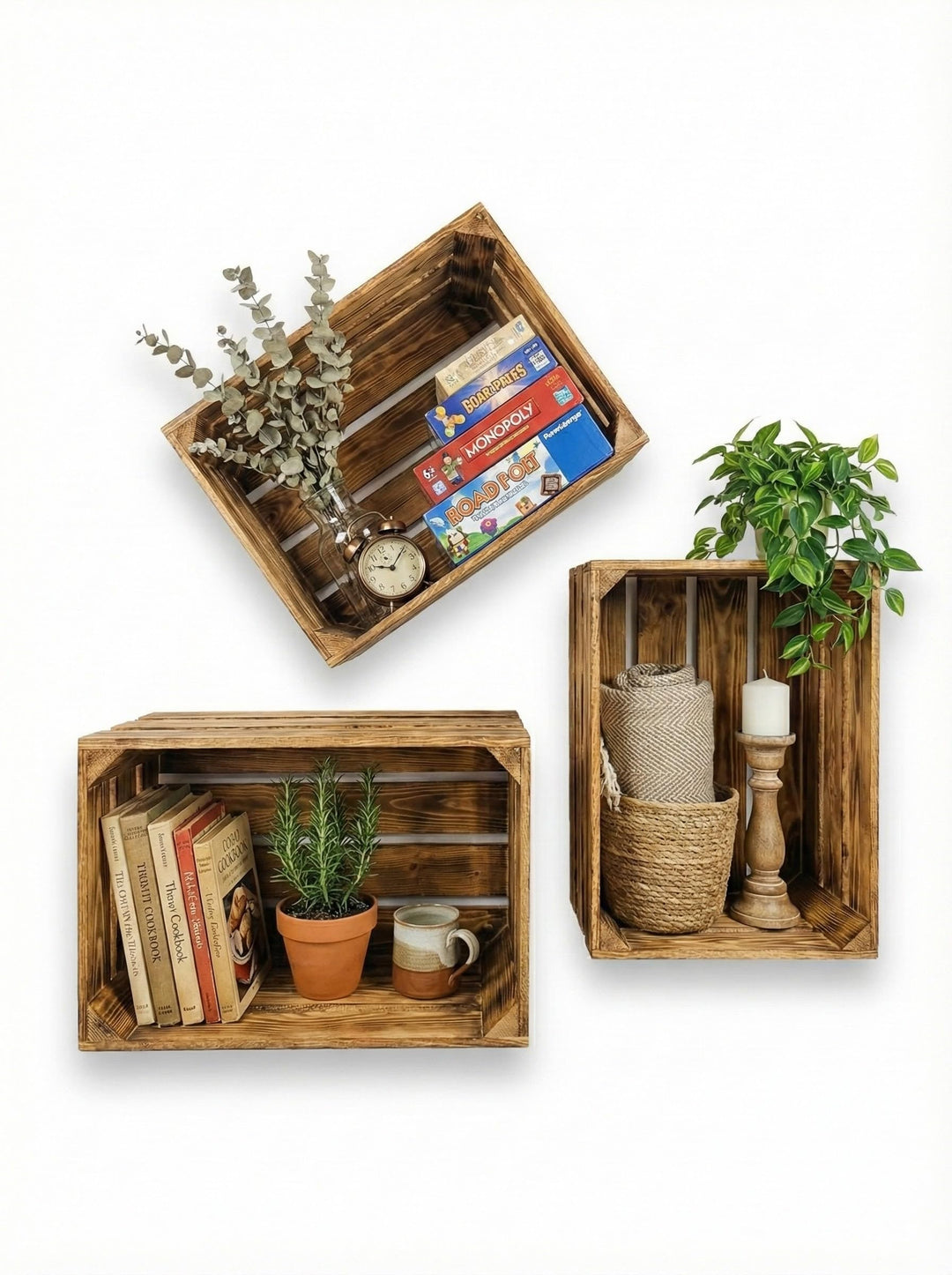 Teramico 3er Set Holzkiste Weinkiste Obstkiste GEFLAMMT 40cm x 30cm x 25cm -mit Zwischenboden- als R