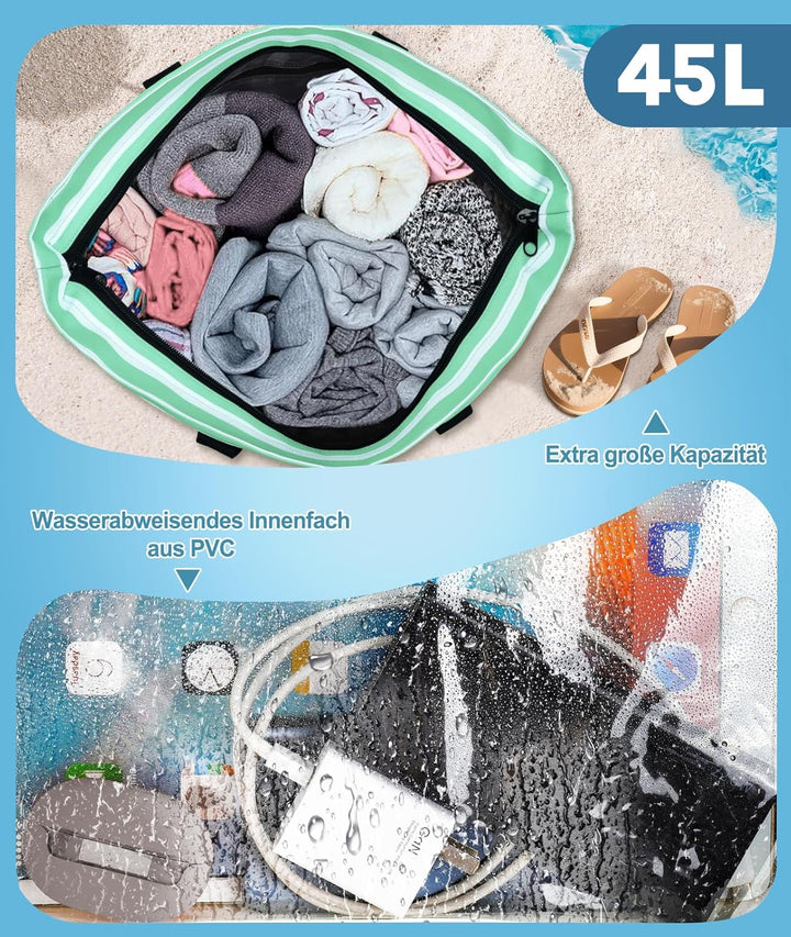 ISEYOU Strandtasche XXL Familie, Gross Strandtasche mit Reissverschluss Wasserdicht Sanddicht, Handt
