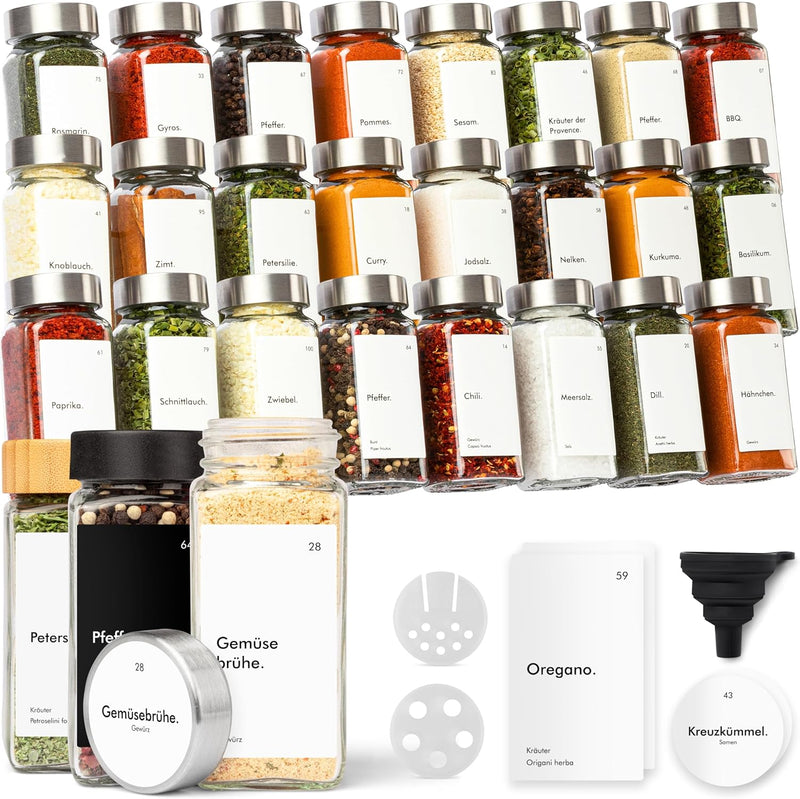 KIVY Gewürzgläser mit Streueinsatz [24x 120ml] + 240 Wasserfeste Label - Gewürzgläser eckig - Gewürz