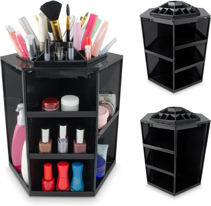 Grinscard Kosmetik Organizer Drehbar - Schwarz 32 x 27 x 27 cm - Kosmetikständer Make-up Aufbewahrun