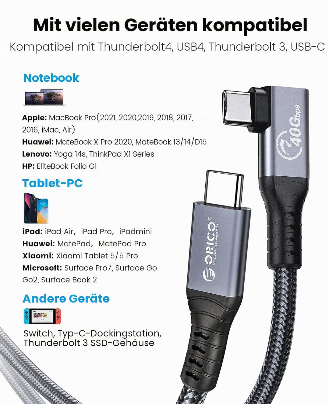 ORICO Kabel für Thunderbolt 4, Kompatibel mit Thunderbolt 3/USB4, Übertragungsrate 40Gbps, 8k@60Hz (