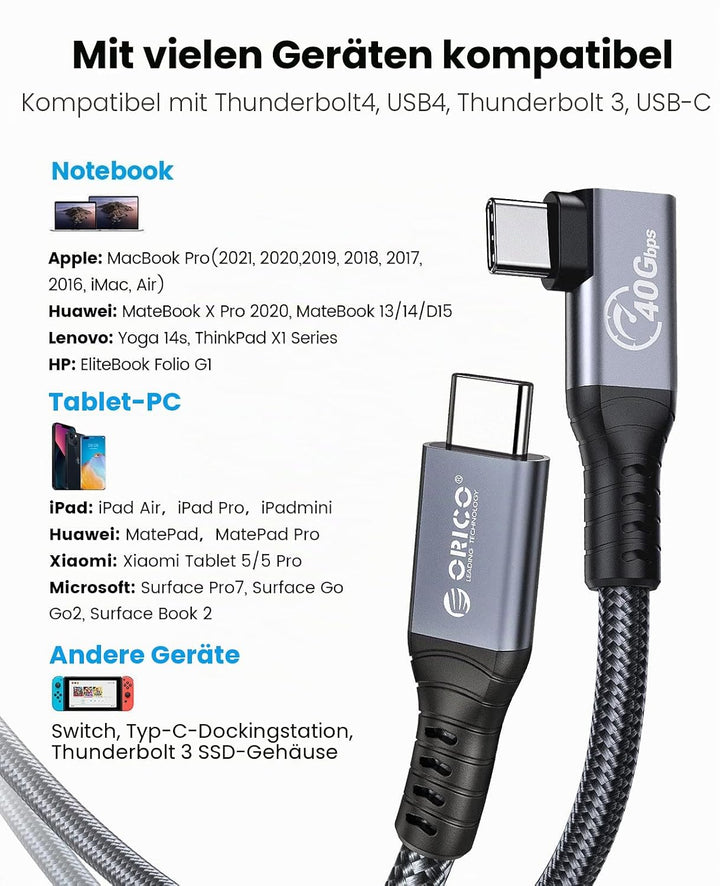 ORICO Kabel für Thunderbolt 4, Kompatibel mit Thunderbolt 3/USB4, Übertragungsrate 40Gbps, 8k@60Hz (