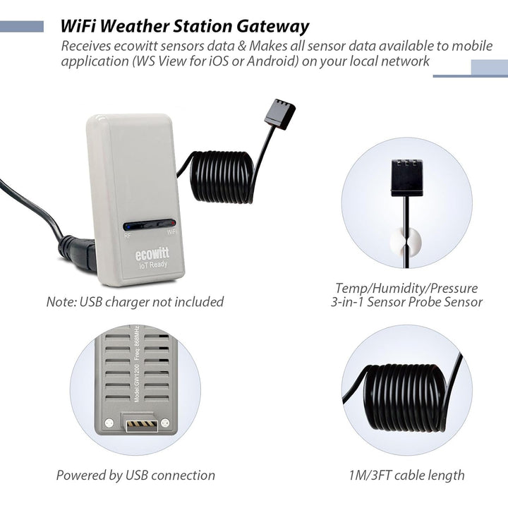 ECOWITT GW1210 WIFI Wetterstation, Gateway GW1200 + WS90 7 in 1 Aussensensor,Innentemperatur/Feuchte